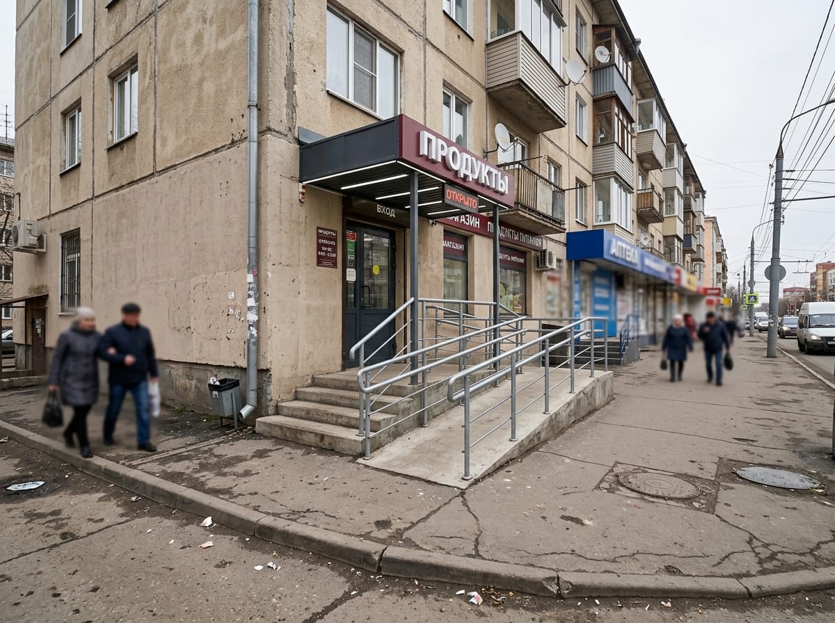 Входная группа с бетонным пандусом и освещённым козырьком