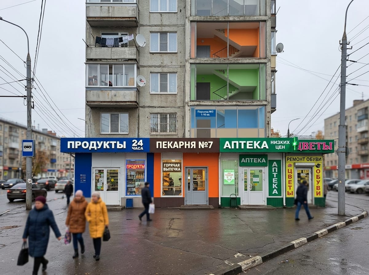 Площадка с нейтральными стенами и цветной акцентной стеной