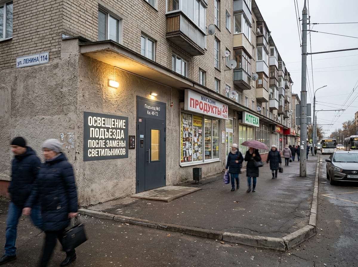 Лестничная клетка с равномерным нейтральным светом и подсвеченными ступенями