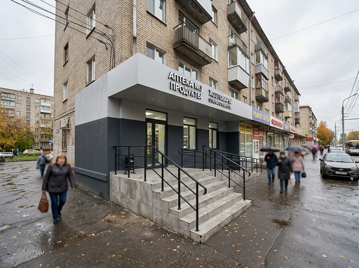 Подъезд многоквартирного дома с графитовым нижним поясом и светло-серыми стенами