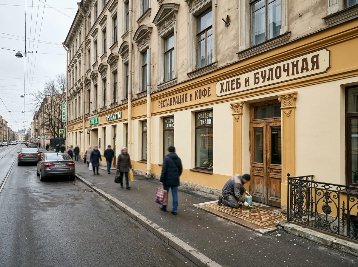 Подъезд старого дома в оттенках слоновой кости и охры