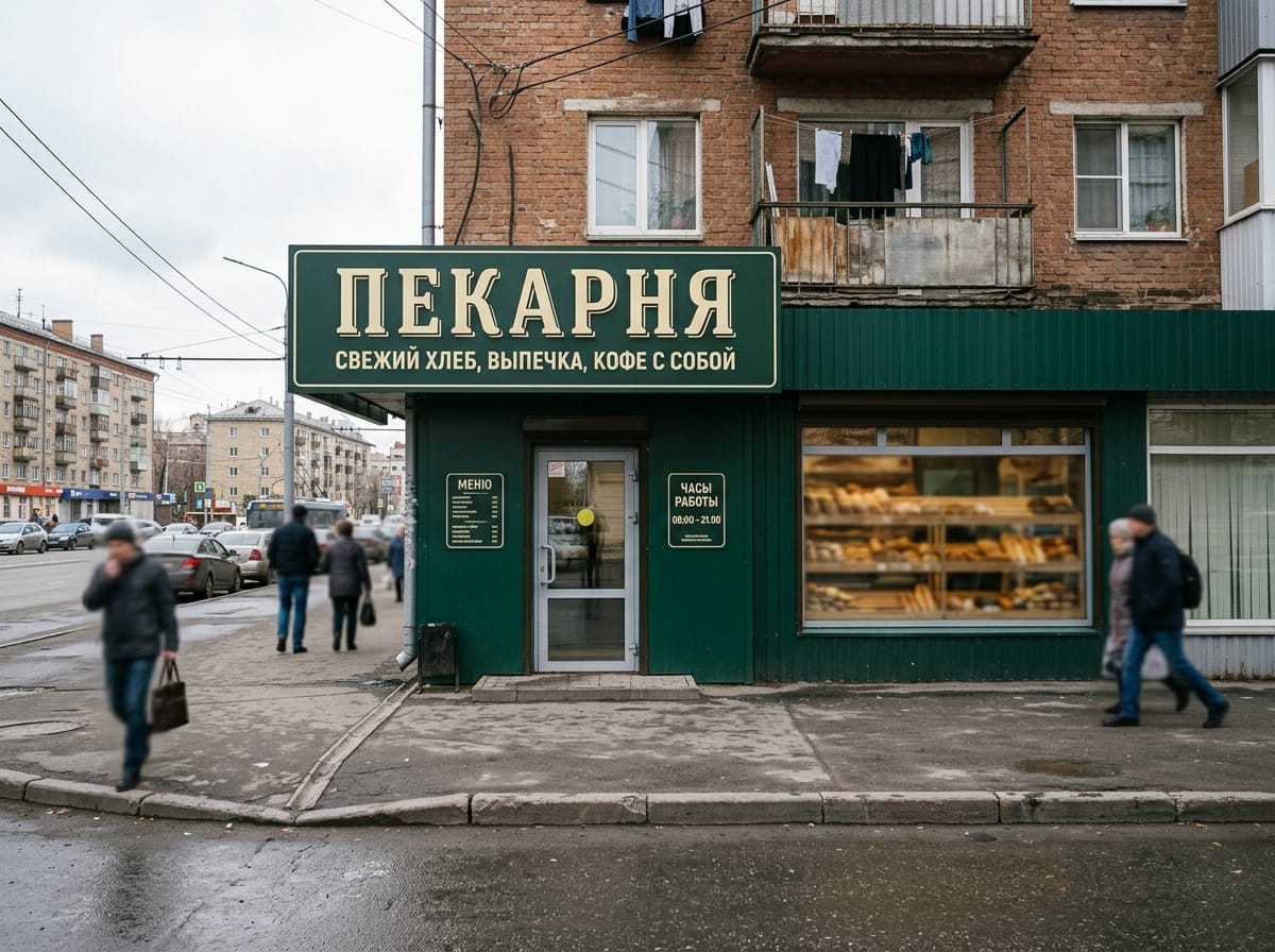 Тёмно-зелёная вывеска пекарни с кремовыми буквами и мелким дескриптором