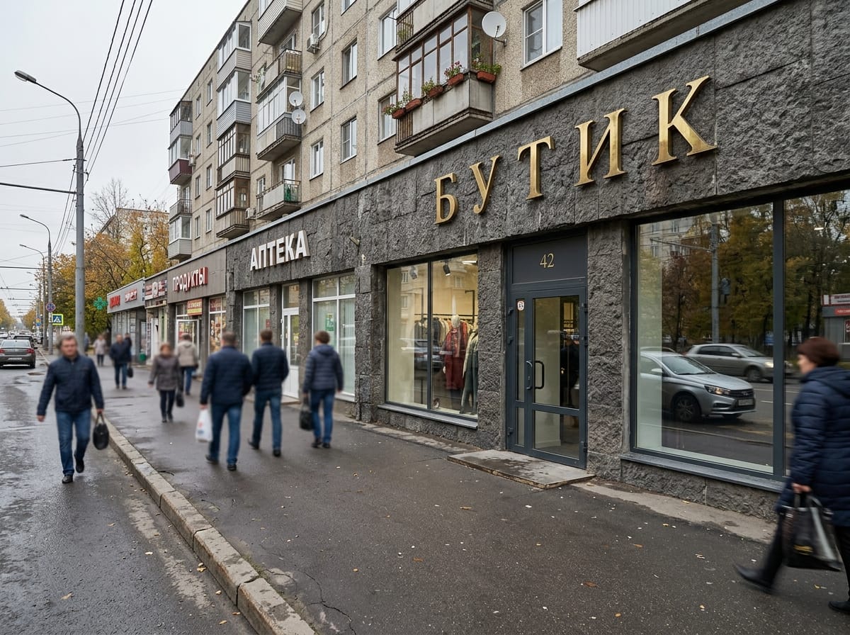 Латунные буквы антиквой с широким трекингом на тёмном каменном фасаде бутика