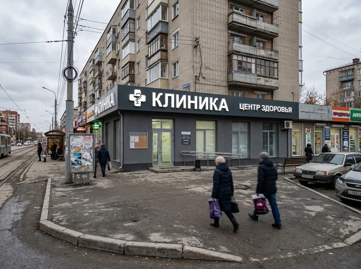 Антрацитовая вывеска клиники с белыми светящимися буквами и логотипом слева