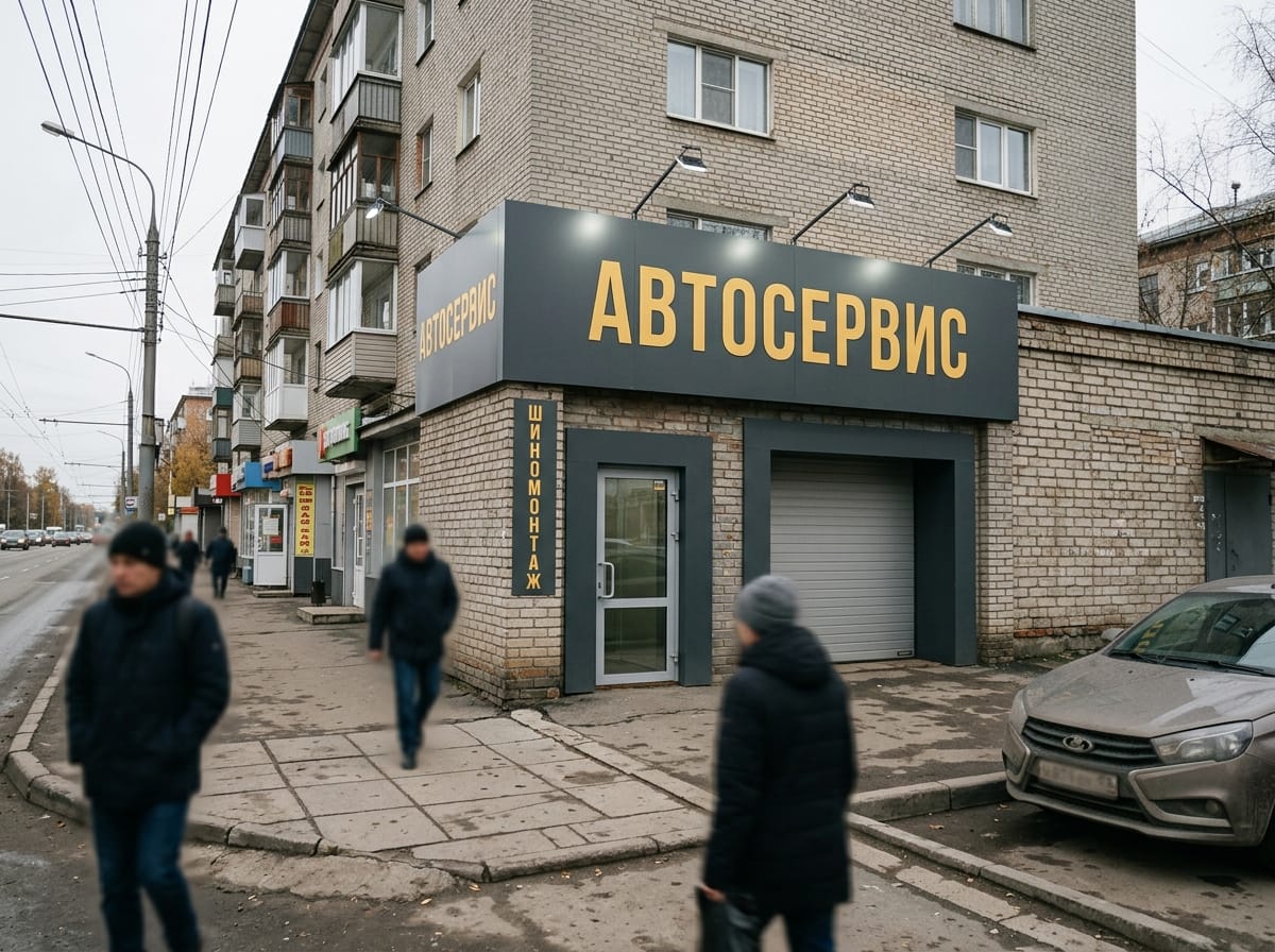Вывеска автосервиса горчичного цвета с узким гротеском на тёмно-сером фасаде