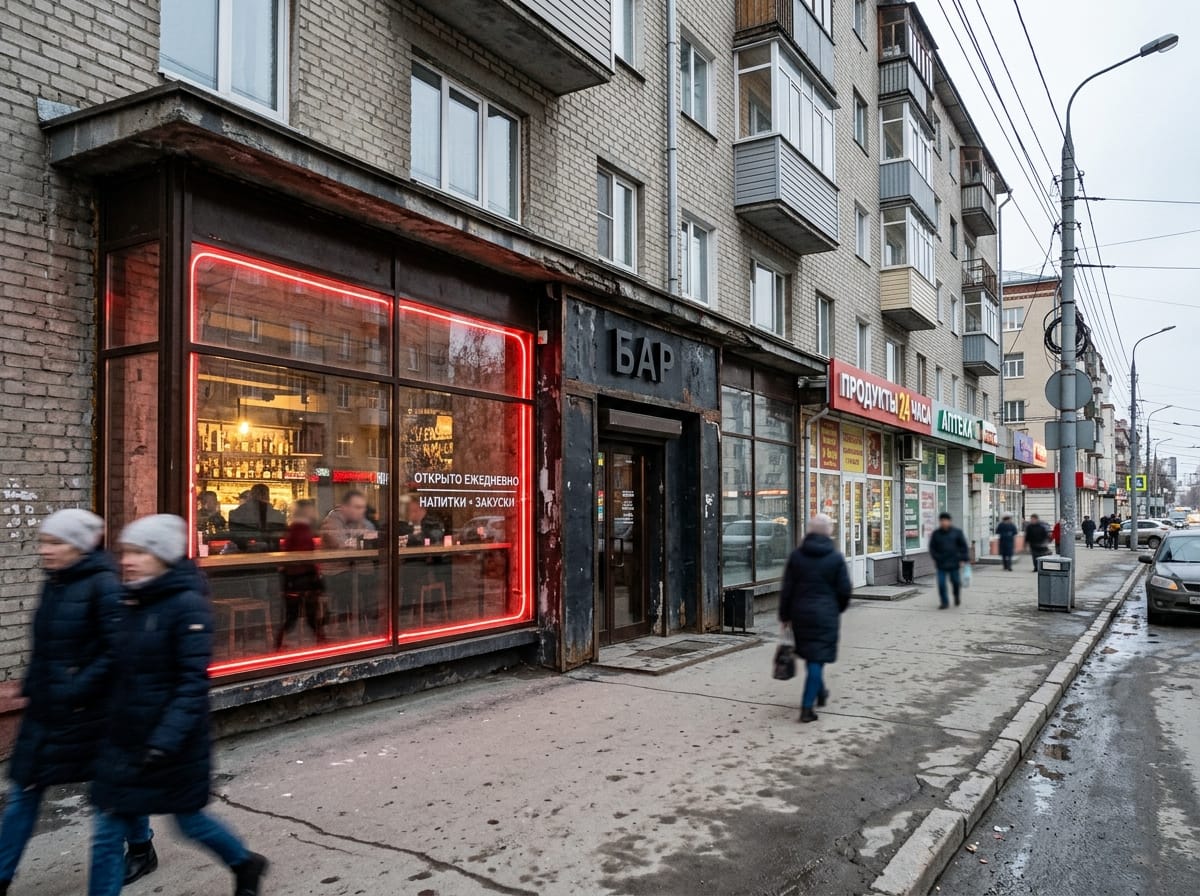 Бар с неоновым контурным акцентом в витрине и сдержанной вывеской над входом