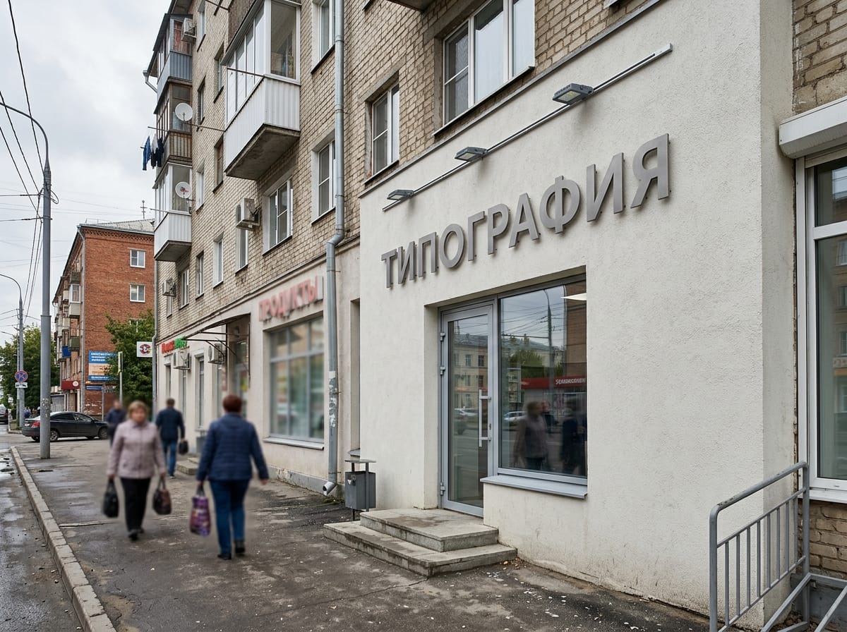Накладные металлические буквы гротеском на светлом оштукатуренном фасаде с направленной подсветкой