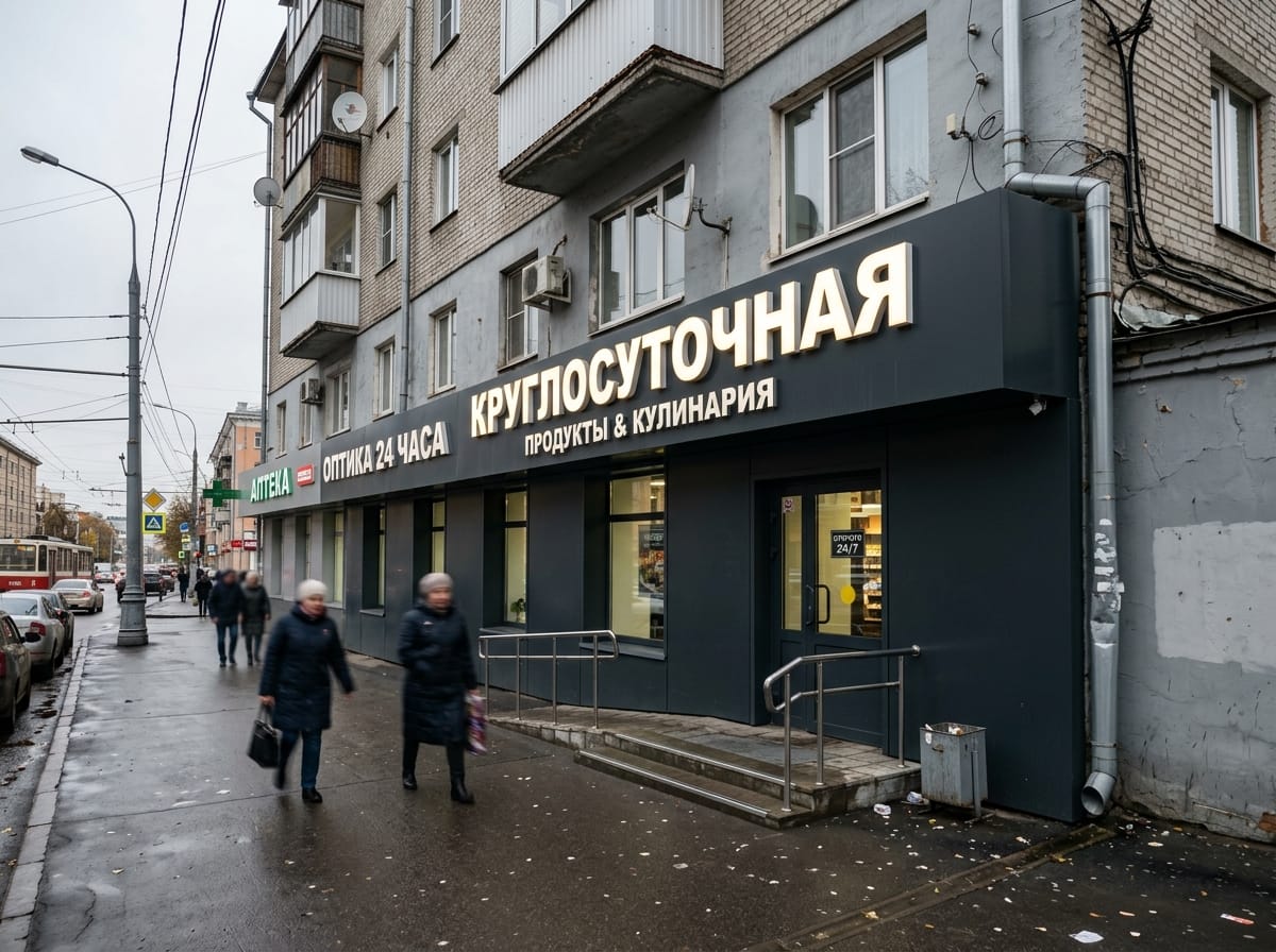 Тёмно-серая подложка с белыми светящимися объёмными буквами над входом в помещение