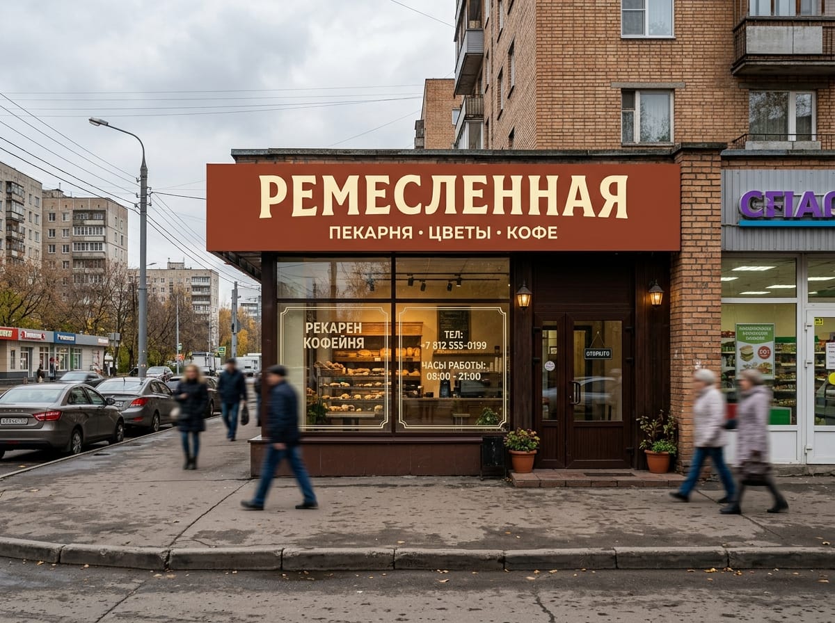Тёмно-зелёная вывеска пекарни с кремовыми буквами и дескриптором, витрина с плёночной графикой
