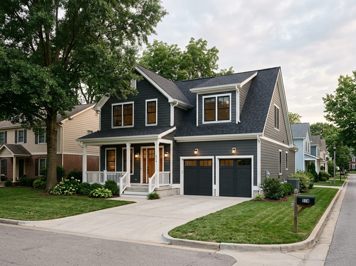Charcoal house exterior with white trim and a stained wood front door