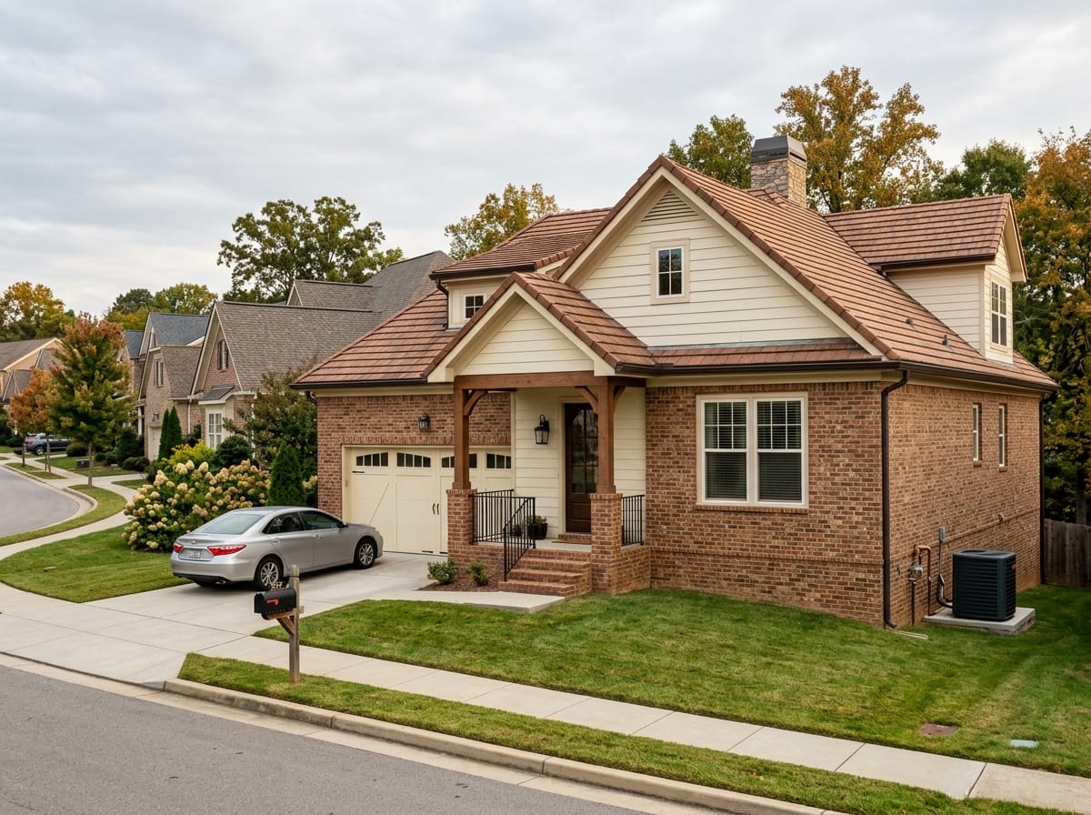 Cream house exterior above a brick base with a clay tile roof