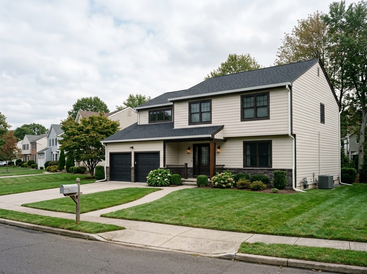 Light gray two-story house exterior with a dark charcoal roof and black window frames