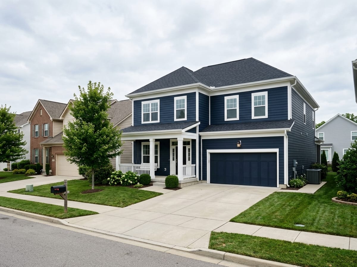 Dark charcoal house exterior with crisp white trim and white porch columns