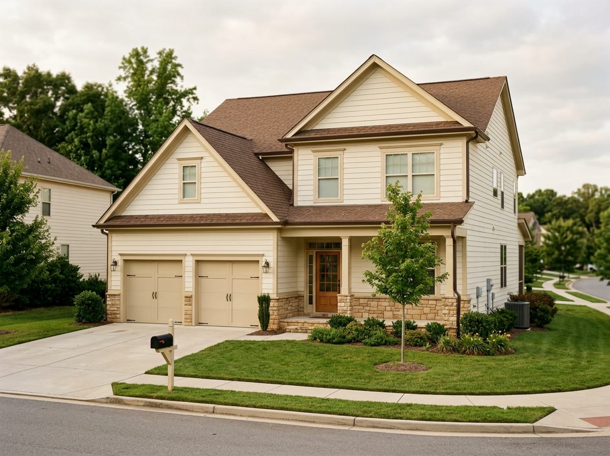 Cream colored house exterior with lighter trim, a brown roof and a stone base