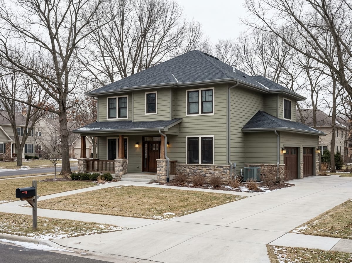 Sage green house exterior with a dark brown roof and wood accents in a wooded lot