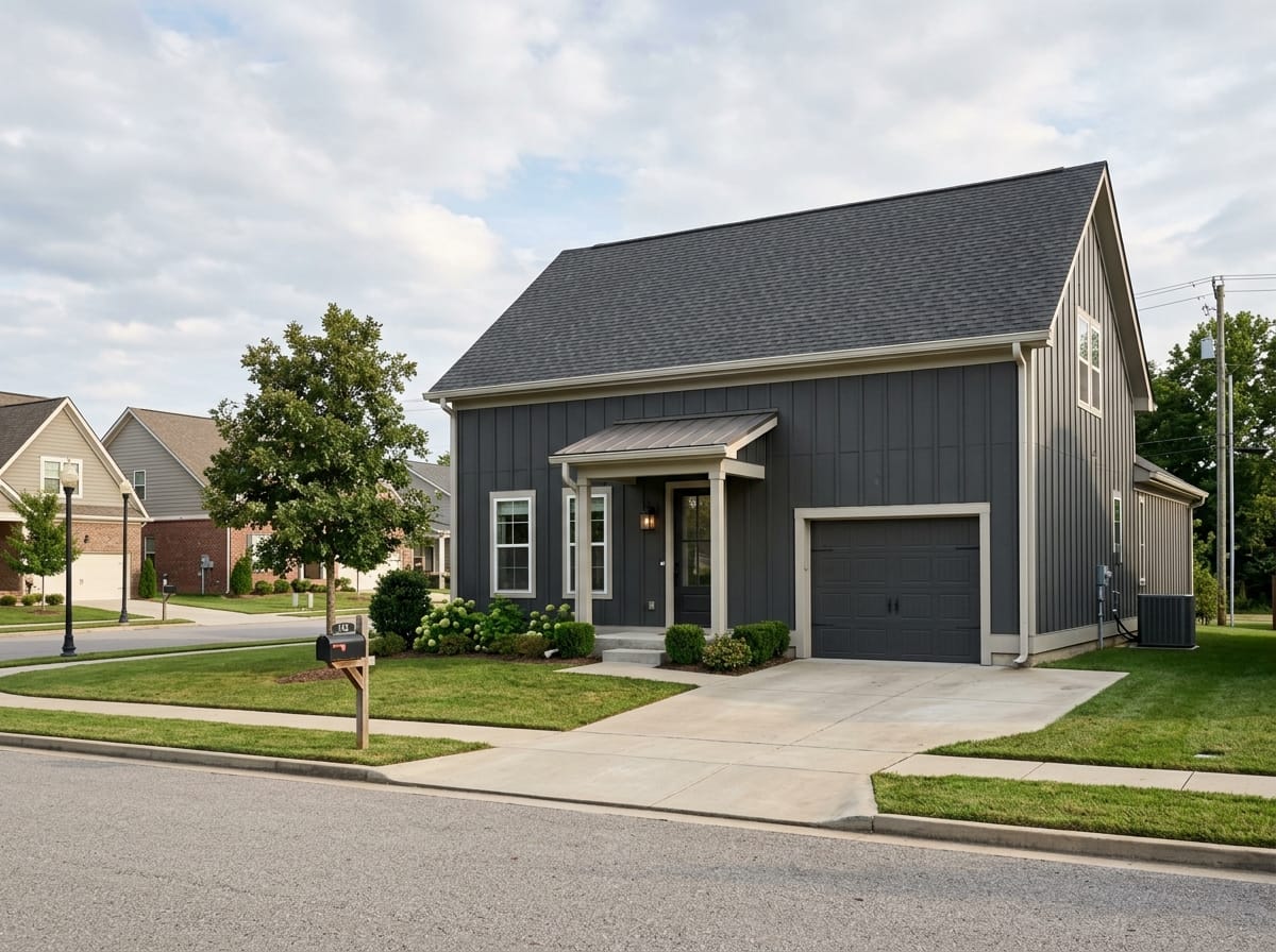 Gable-roofed house exterior redrawn with dark vertical siding and light window frames