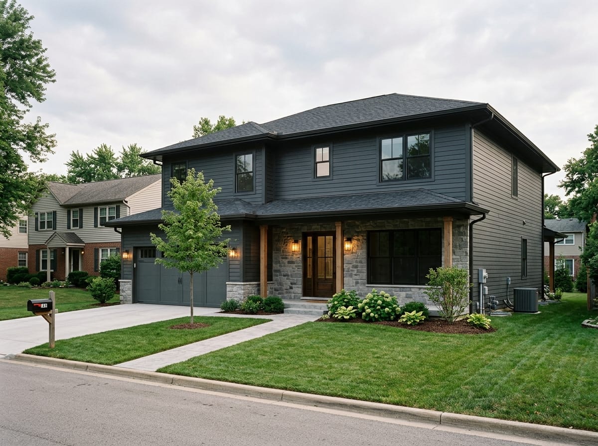 Two-story house exterior redrawn in a contemporary style with two materials split by level