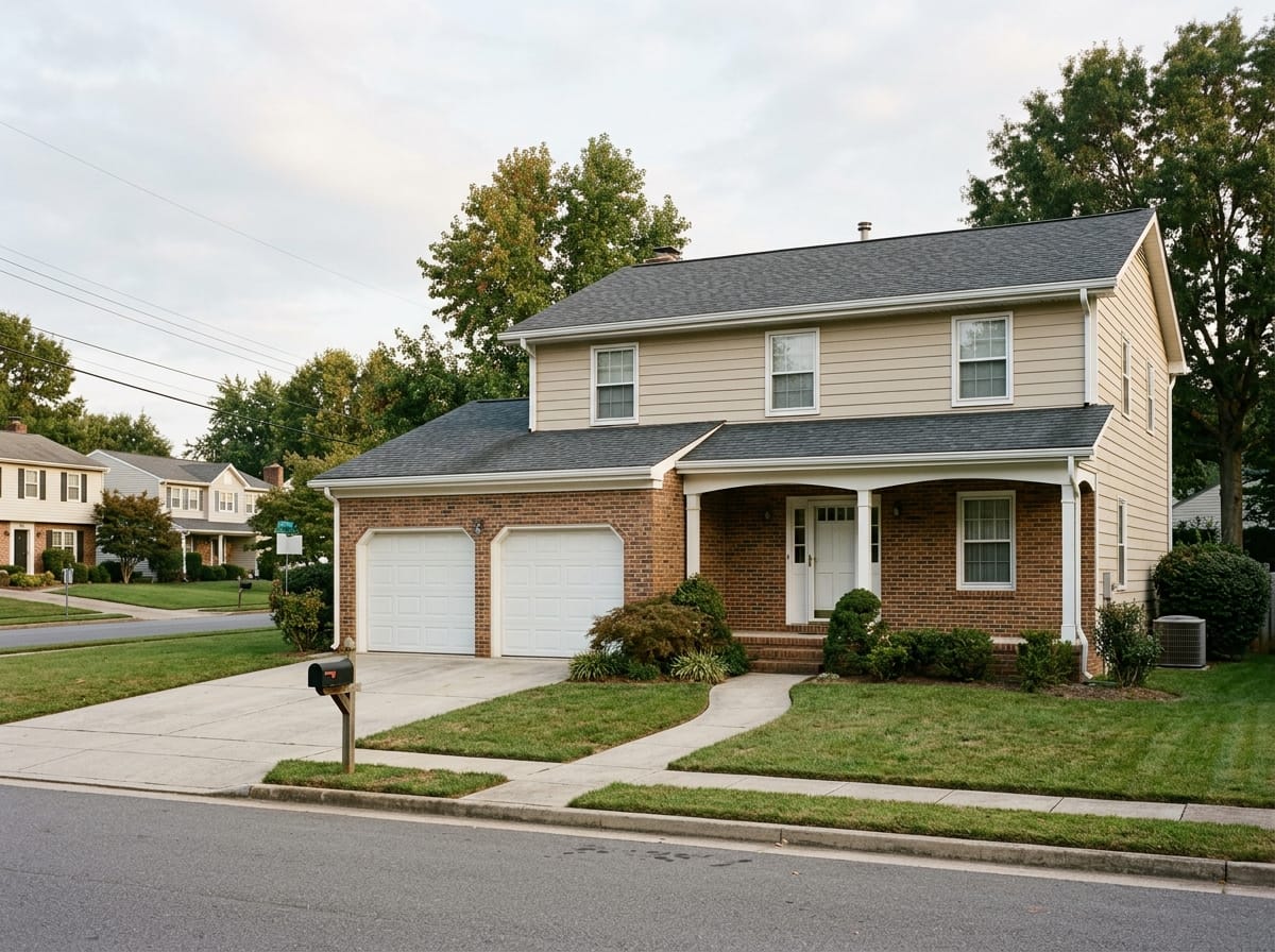 Brick-fronted house exterior redrawn in a classic style with painted upper body and heavy trim