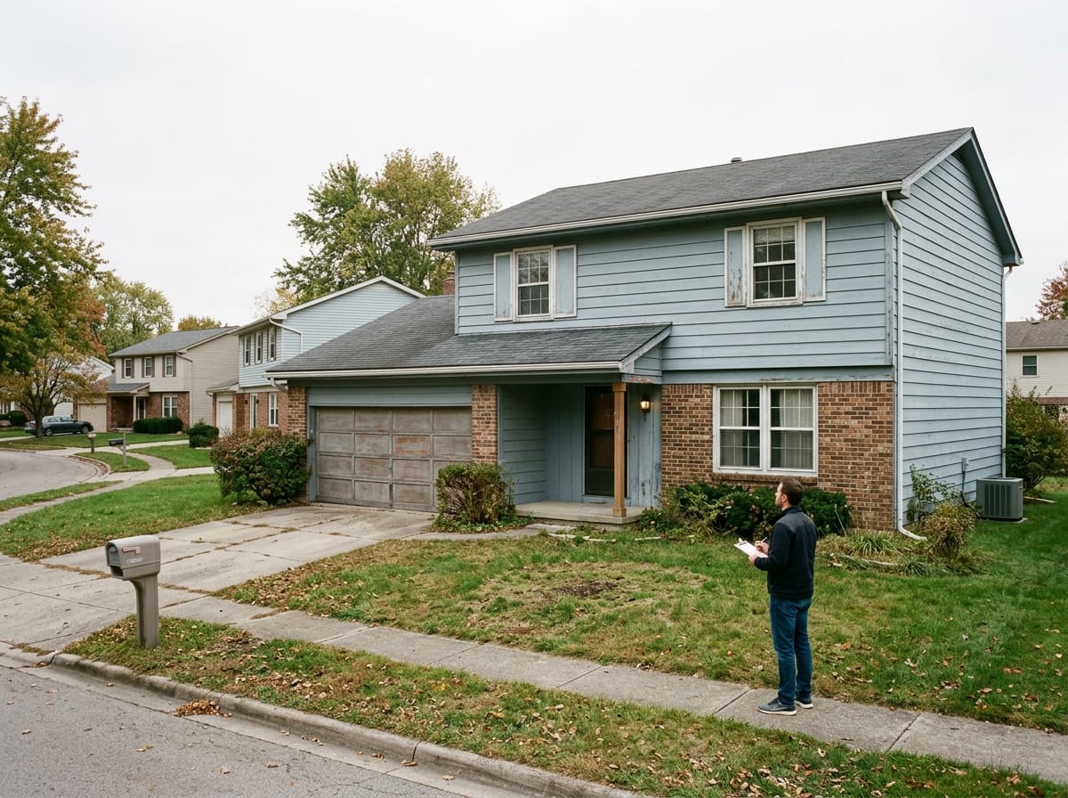 A buyer standing in front of a fixer-upper