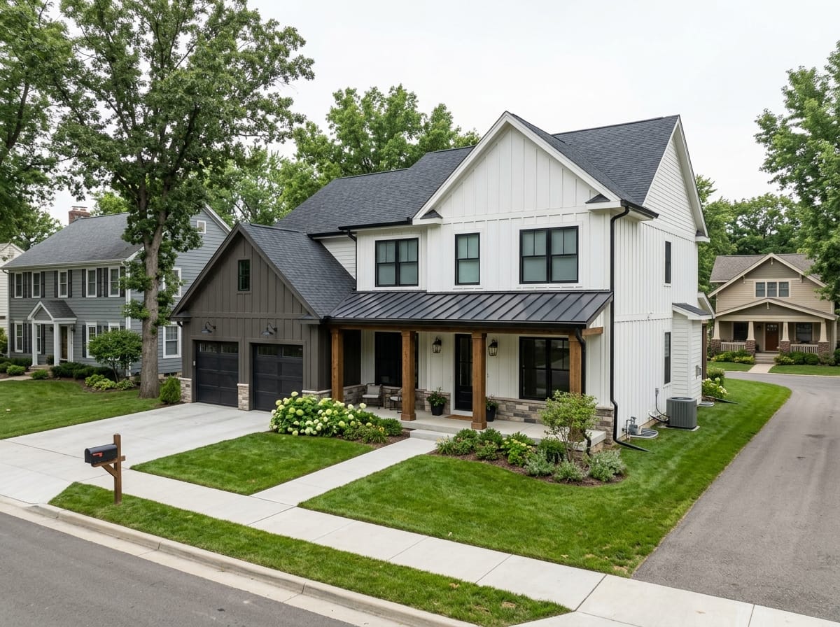 Modern farmhouse exterior with board and batten siding, black windows and a metal porch roof