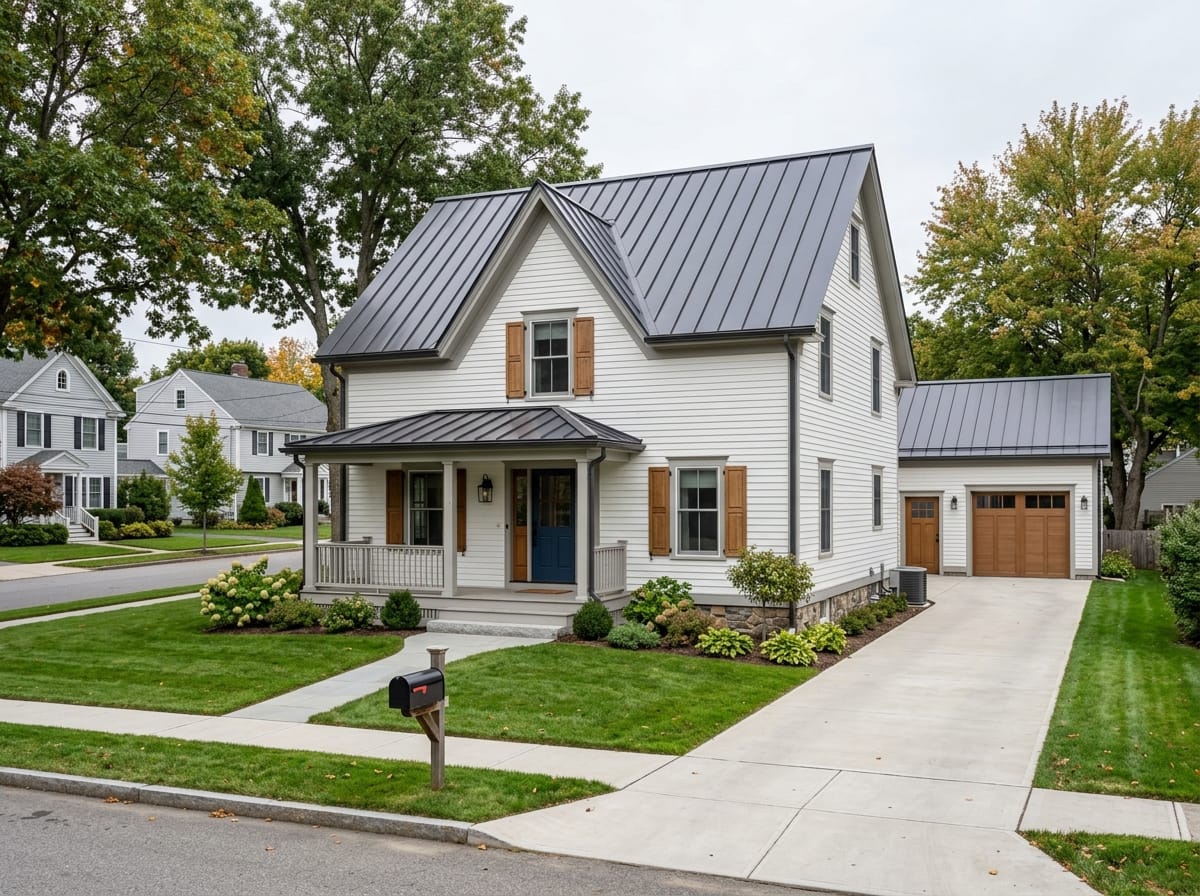 Renovated old farmhouse with repaired clapboard siding, a rebuilt porch and a dark metal roof