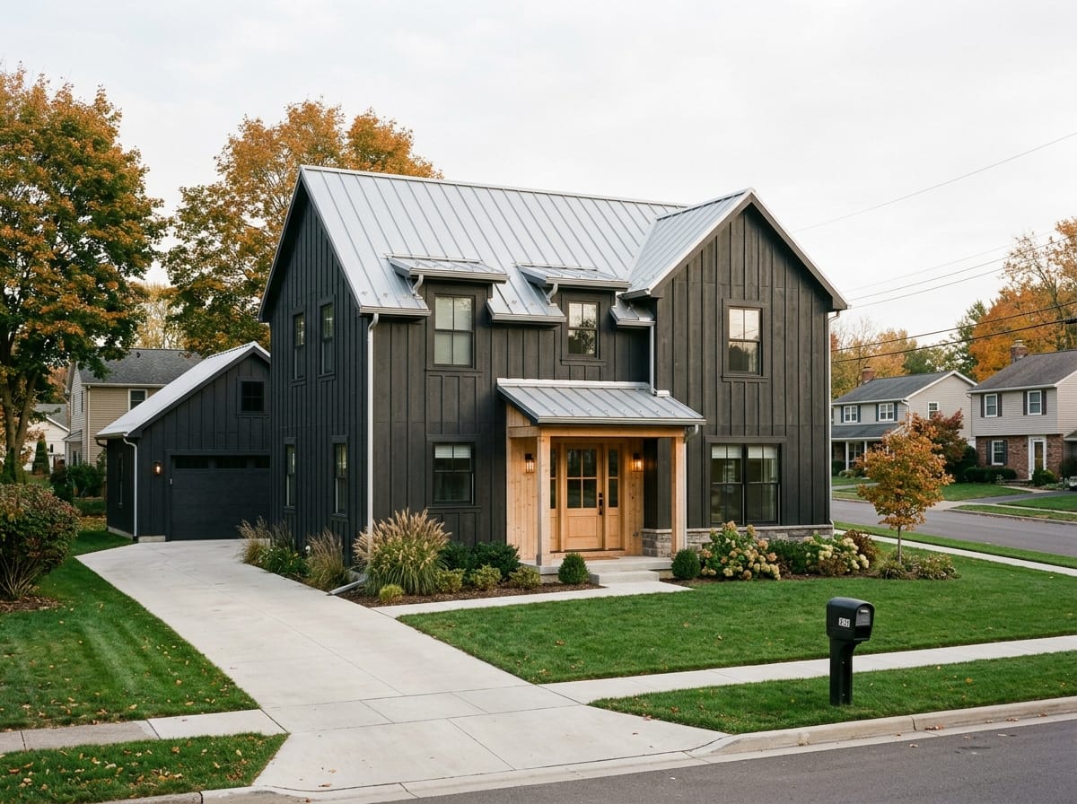 Dark barn-inspired house exterior with vertical siding, a metal roof and wood entry details