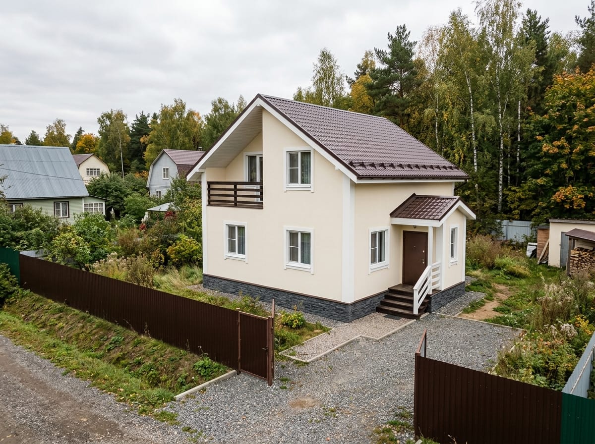Частный дом с кремовым фасадом, коричневой кровлей и белыми наличниками