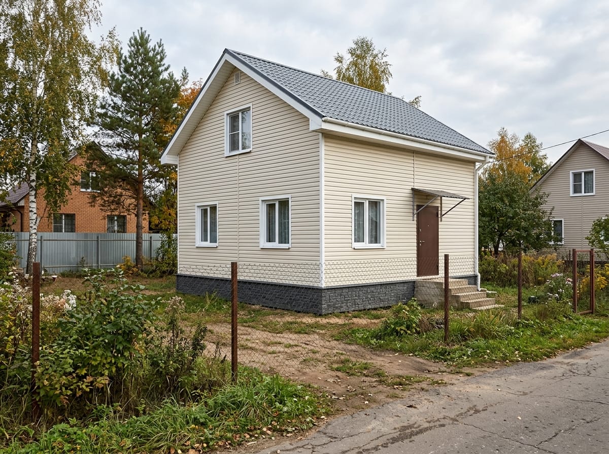 Щитовой дачный домик, обшитый кремовым сайдингом, с цоколем под камень