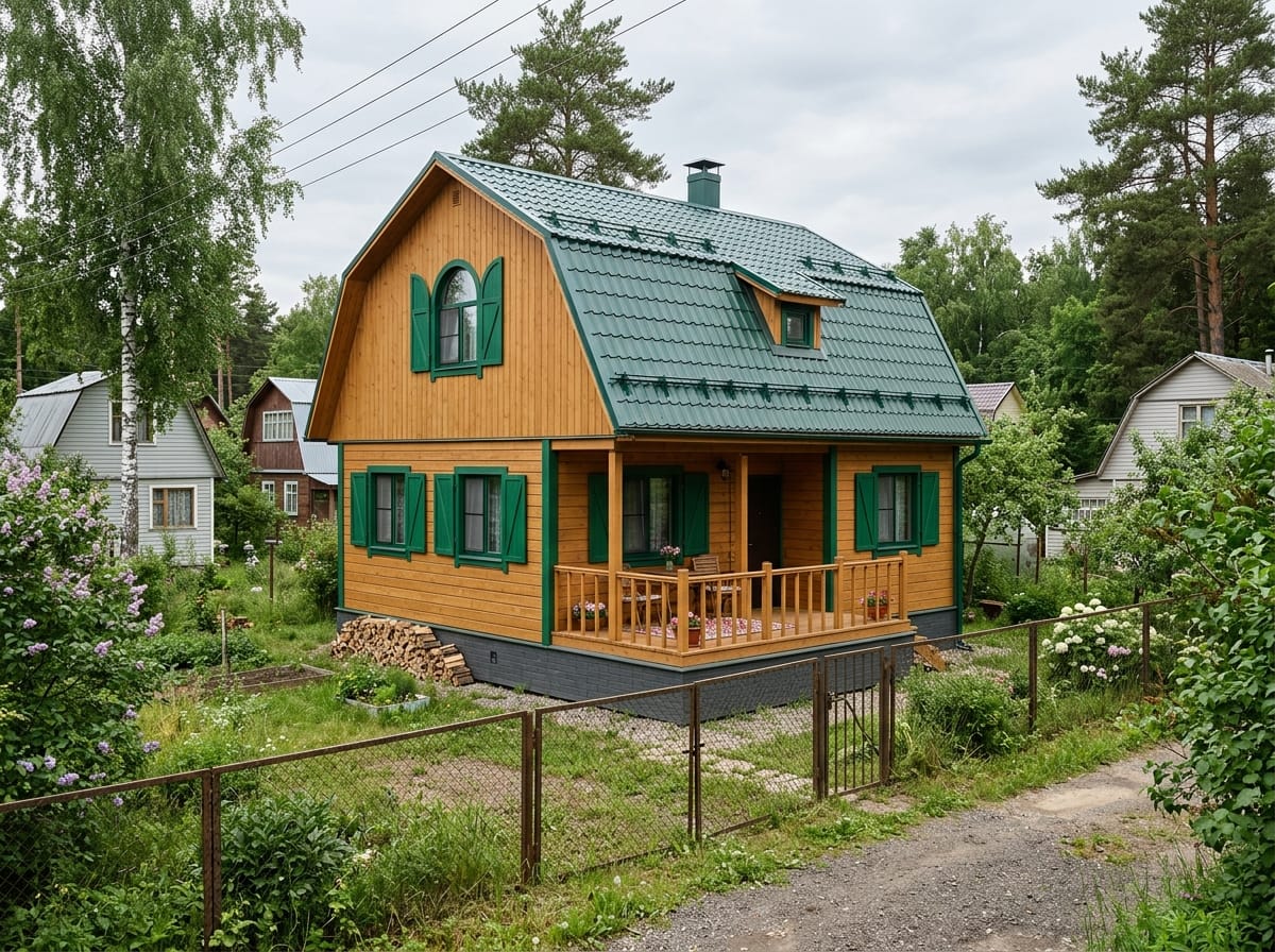 Дачный дом с мансардой в стиле кантри, медовый фасад и зелёные ставни