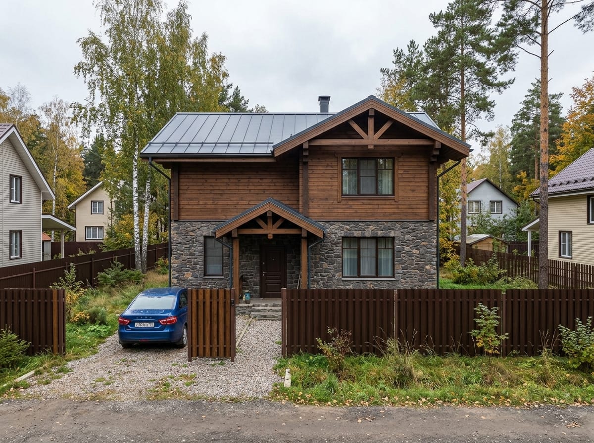 Дом в альпийском стиле с каменным нижним ярусом и деревянным верхом под ореховым маслом