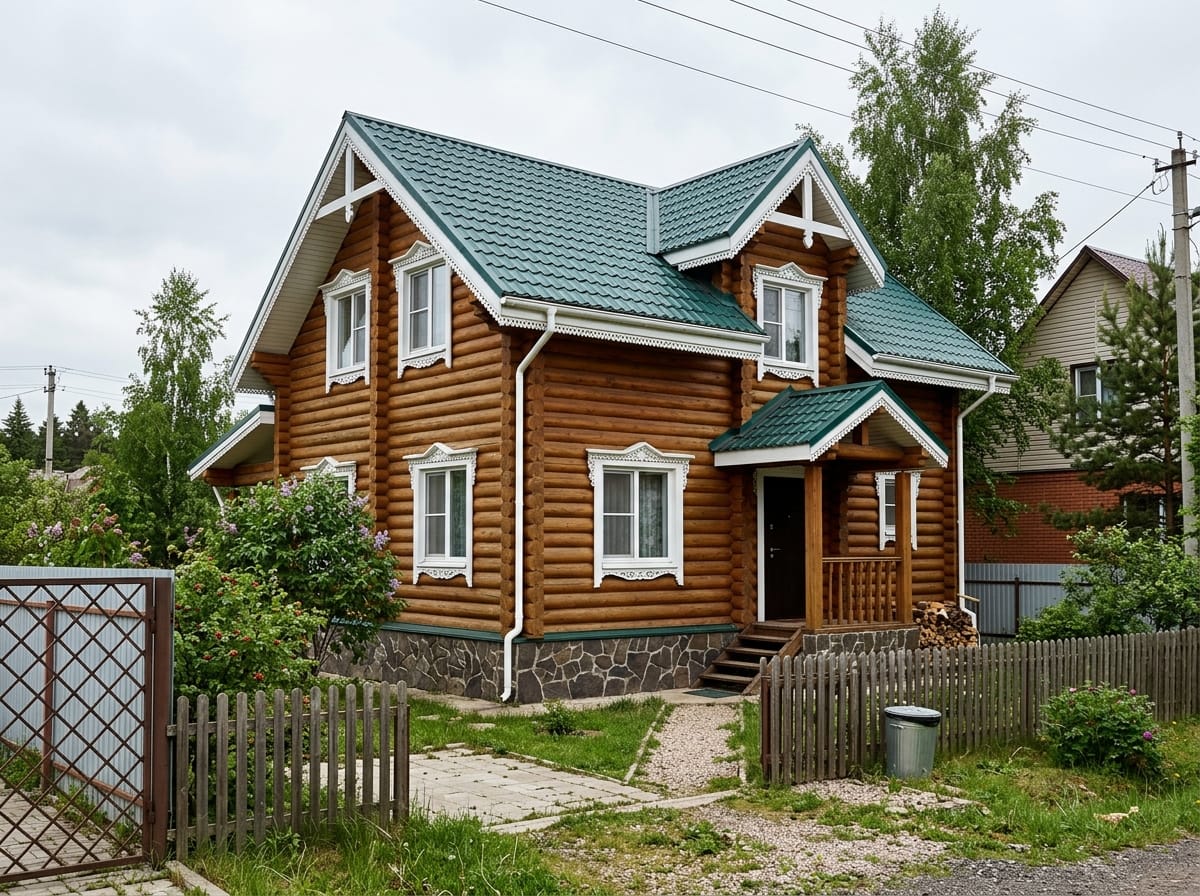 Дом из оцилиндрованного бревна медового оттенка с белыми резными наличниками и тёмно-зелёной кровлей