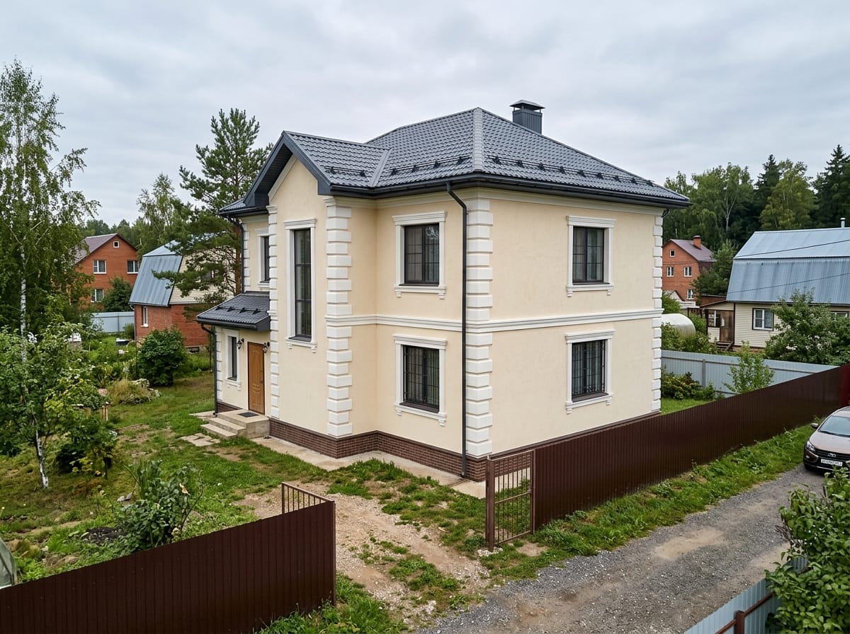 Классический фасад кремового цвета с наличниками, карнизом и рустом на углах