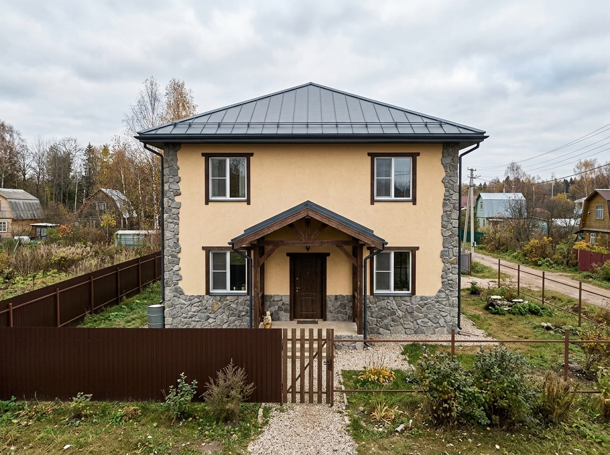 Комбинированный фасад с каменным цоколем, песочной штукатуркой и деревянным козырьком