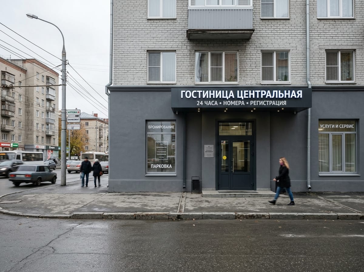 Ухоженный фасад гостиницы через несколько лет эксплуатации, аккуратная входная группа и чистый цоколь