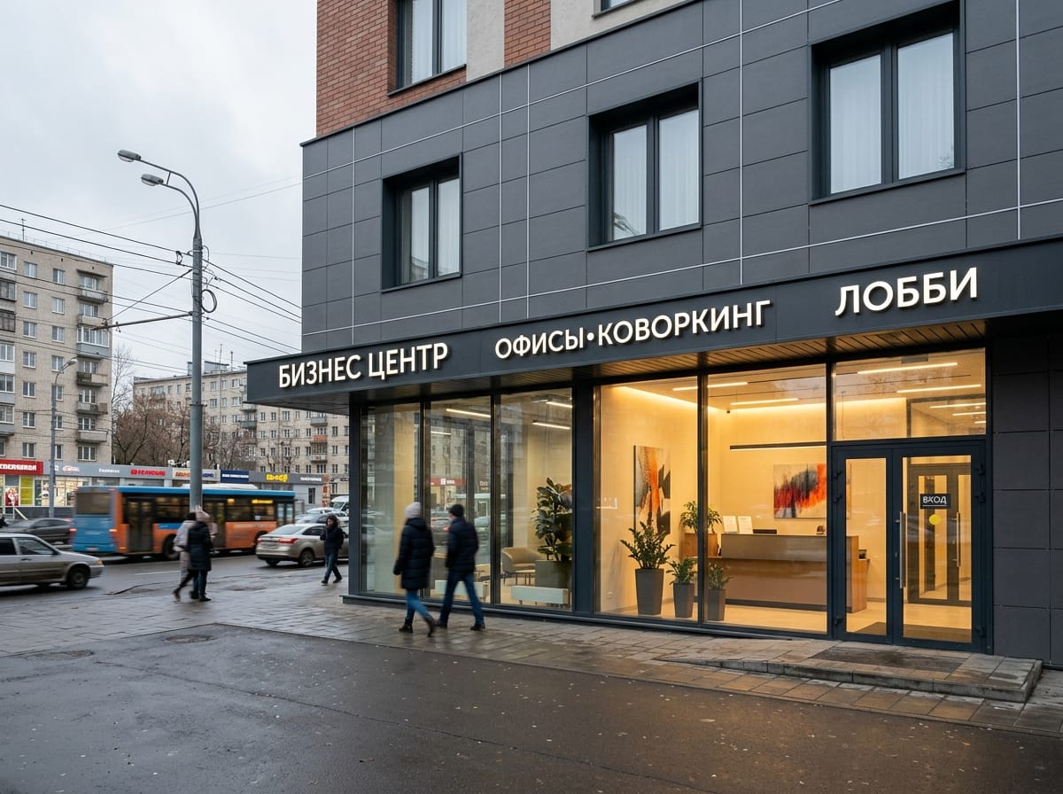 Деловой отель с графитовым керамогранитом и светящимся двухсветным лобби