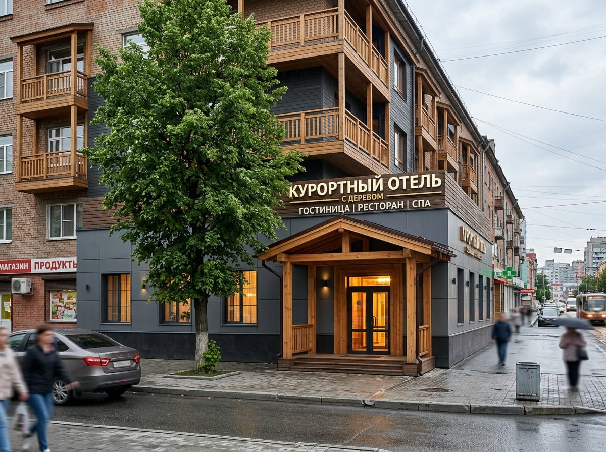 Курортный отель с антрацитовым фасадом, деревянными балконами и подсветкой аллеи
