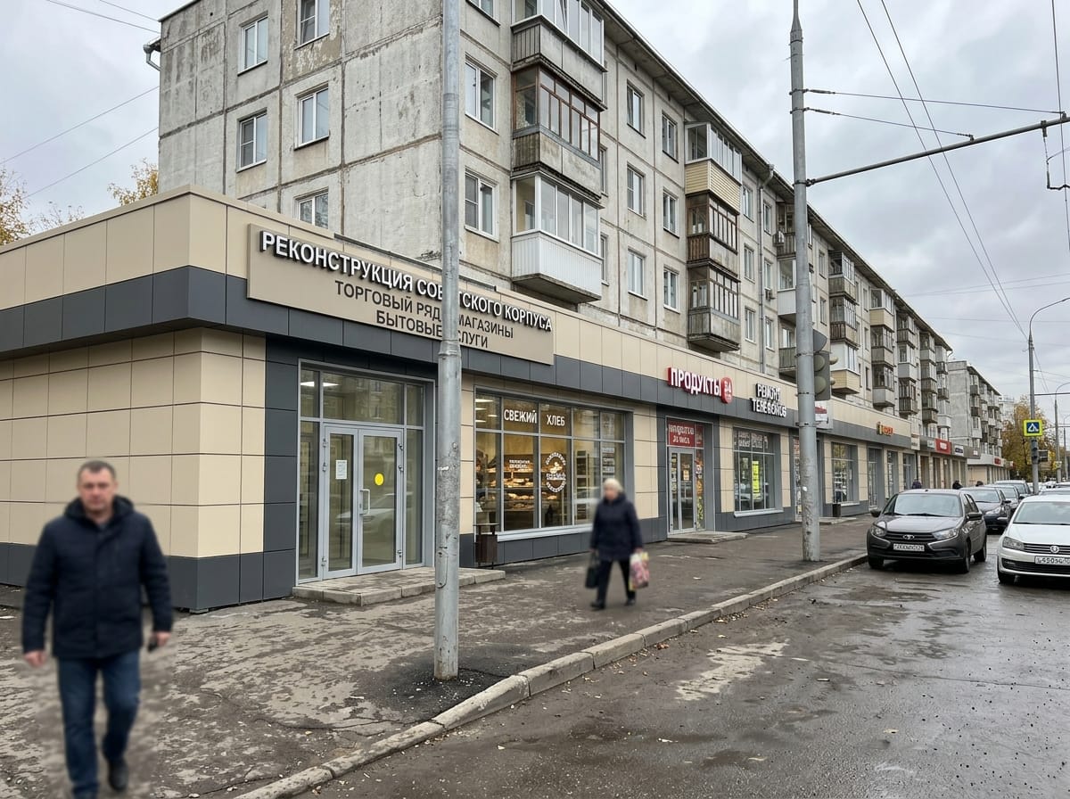 Советский гостиничный корпус после реконструкции с вентфасадом и новым входом