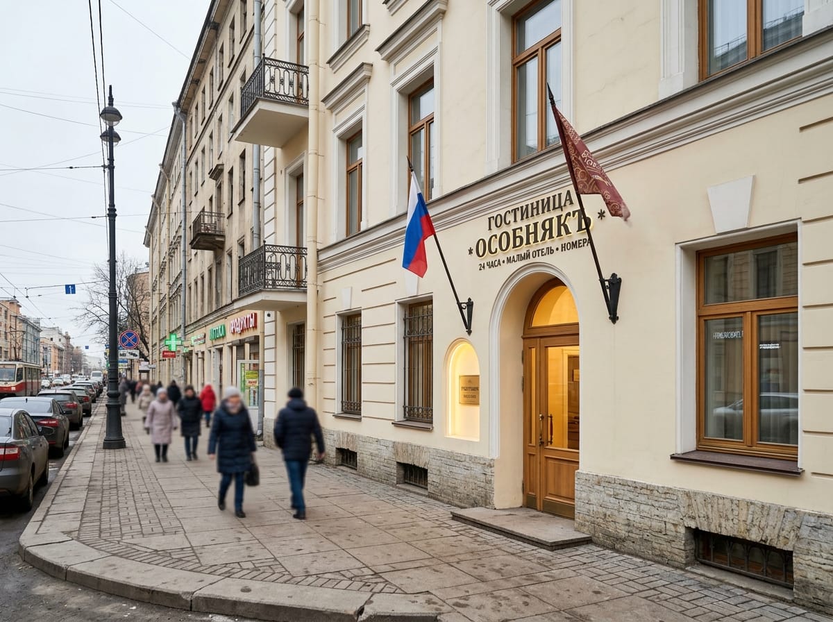 Малый отель в двухэтажном особняке с кремовым фасадом и флагштоками у входа