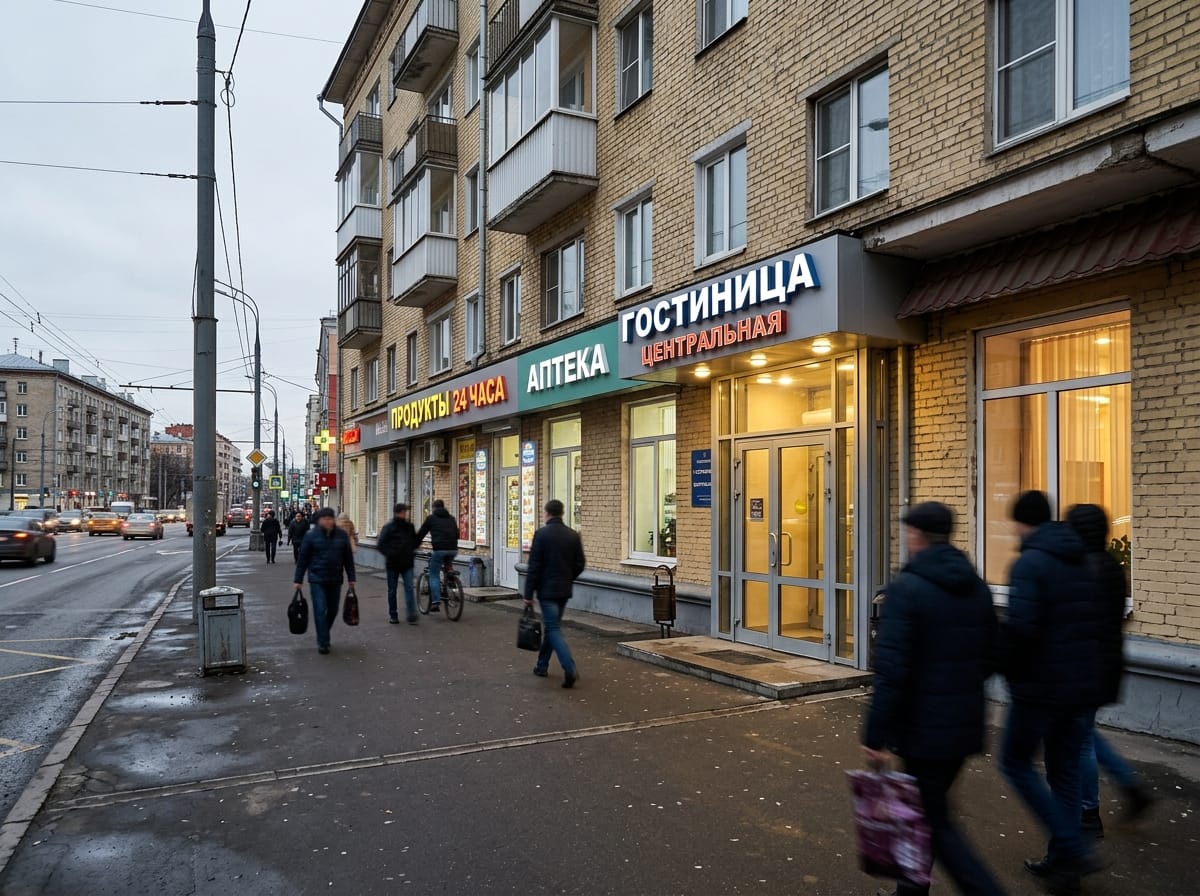 Фасад гостиницы вечером: тёплая подсветка входной группы, контурный свет по карнизу и светящаяся вывеска