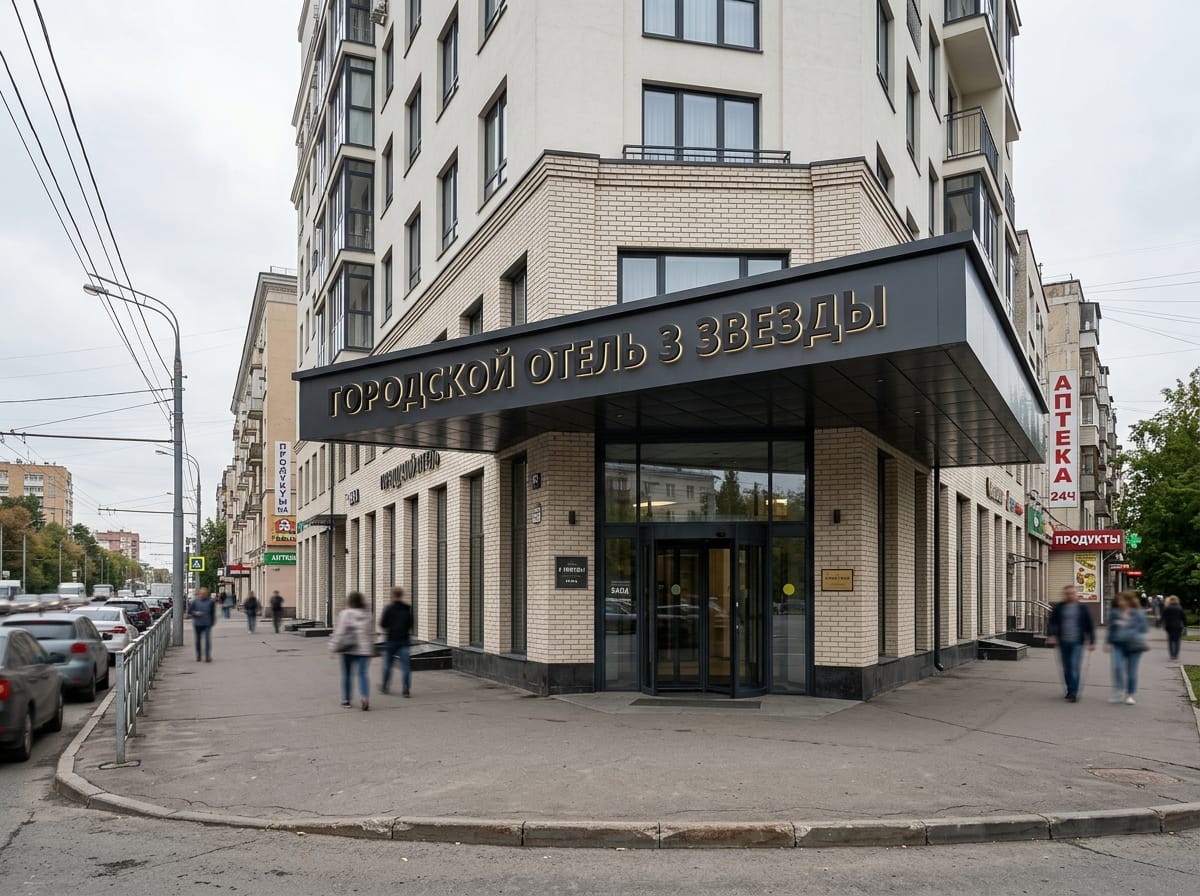 Фасад городской гостиницы 3 звезды: кремовая штукатурка, клинкерный низ и консольный козырёк