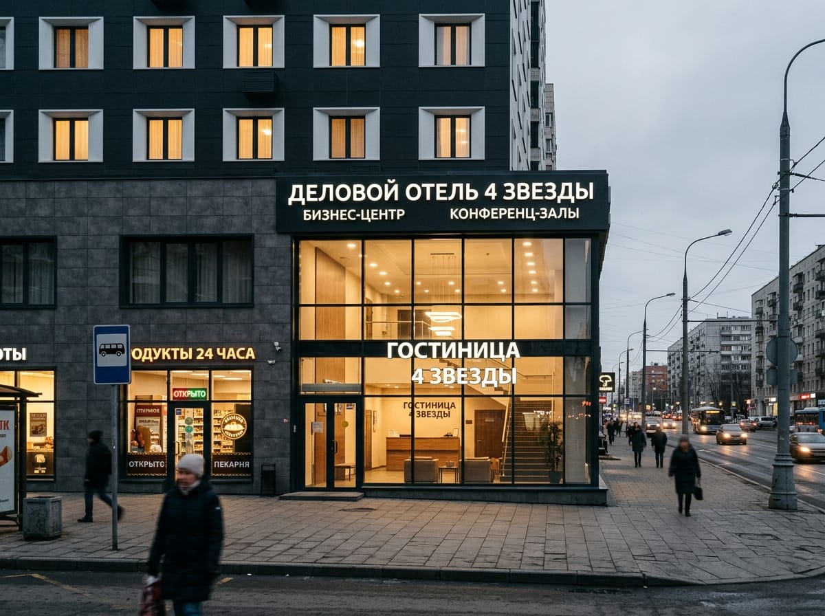 Деловой отель с графитовым вентфасадом и двухсветным стеклянным лобби вечером