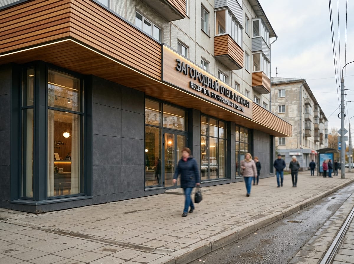 Загородный отель с тёмным фасадом, деревянными балконами и козырьком из бруса