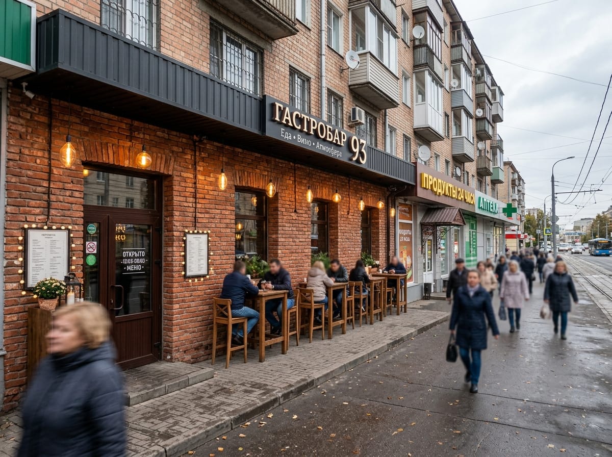 Вечерний фасад гастробара из клинкера с лампами на тросах над верандой