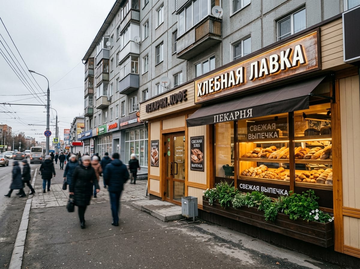Фасад пекарни со стеклянной витриной, подсвеченной выкладкой и маркизой