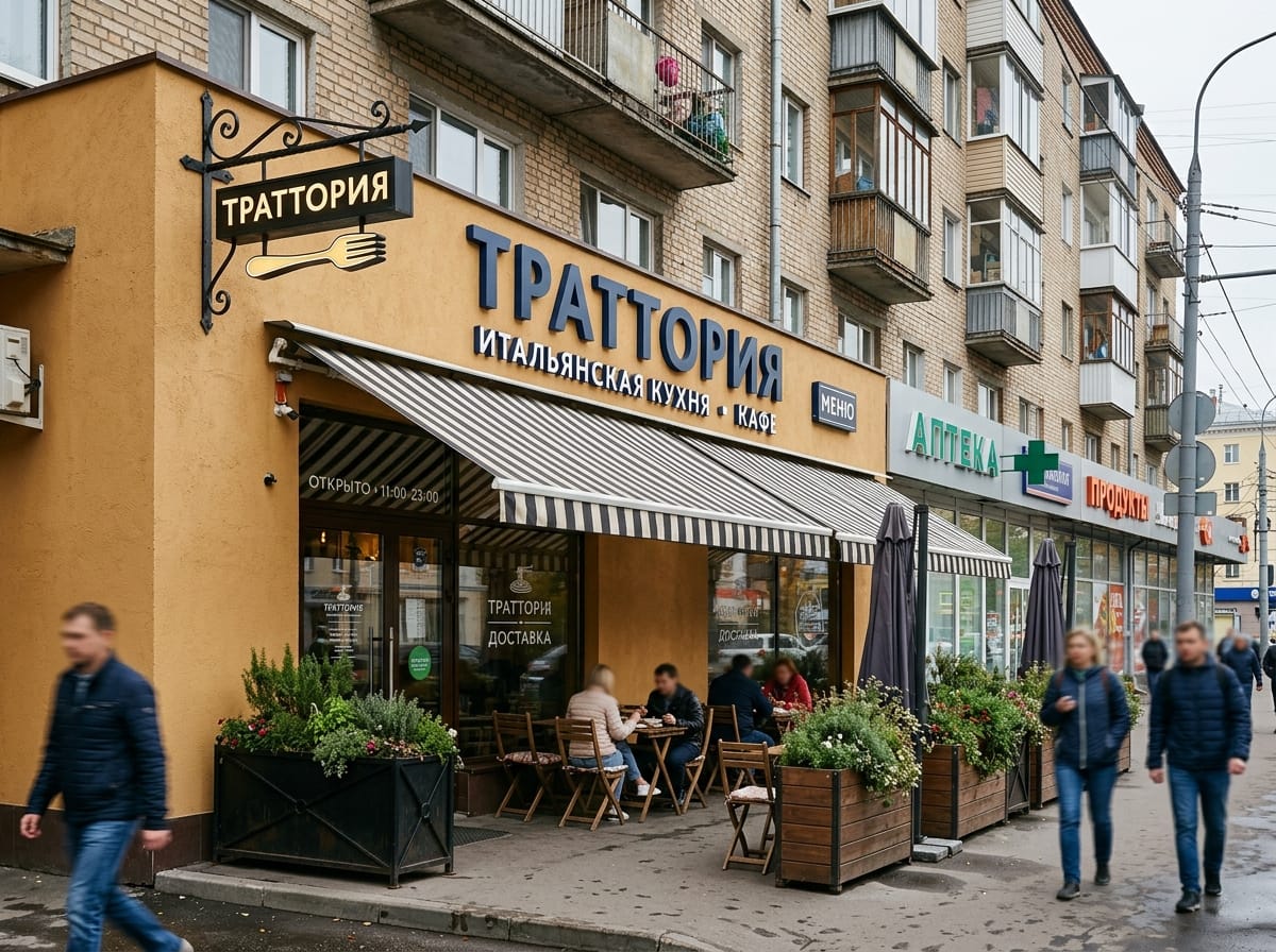 Фасад итальянской тратории с полосатой маркизой и верандой под зонтами