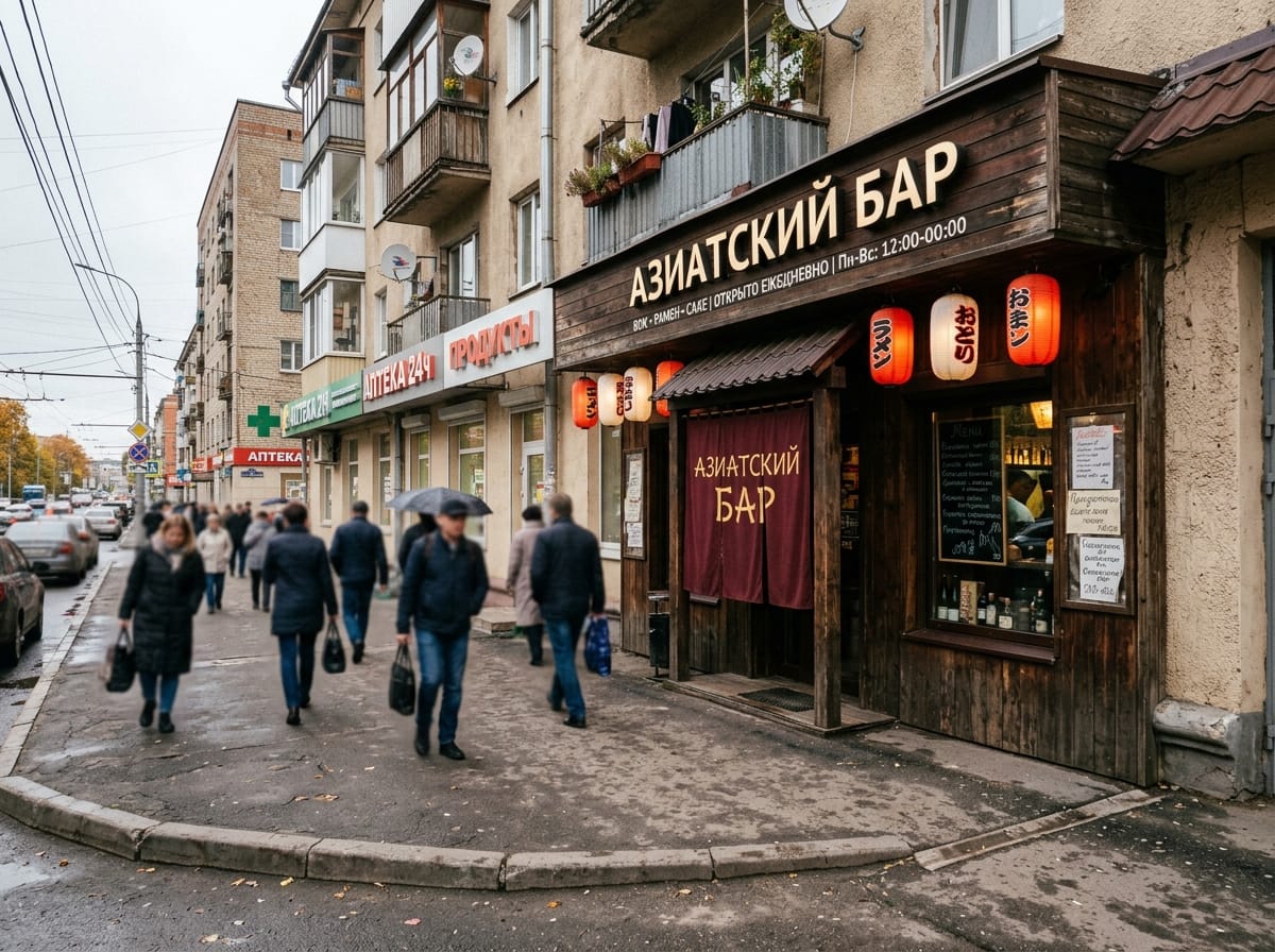 Фасад азиатского бара с тканевым занавесом и бумажными фонарями
