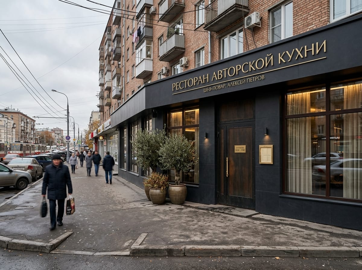 Фасад ресторана авторской кухни с латунной вывеской и оливами в кадках