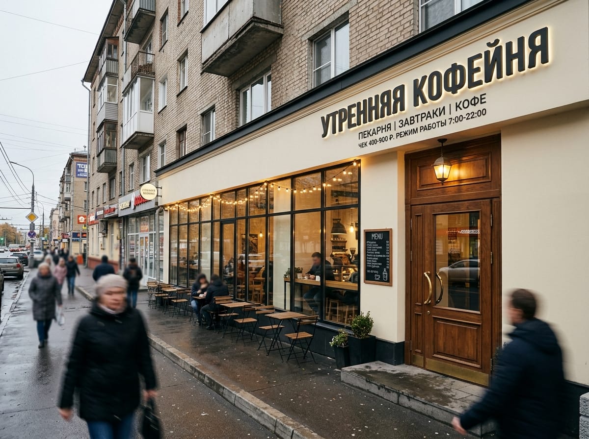 Фасад кофейни: молочные стены, чёрная витрина в пол, гирлянда над столиками