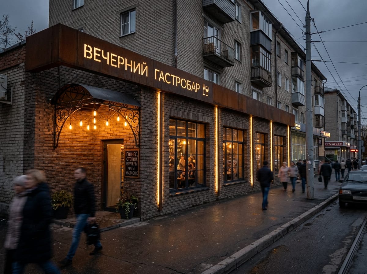Фасад гастробара из клинкера с металлическим козырьком и подсветкой кладки снизу