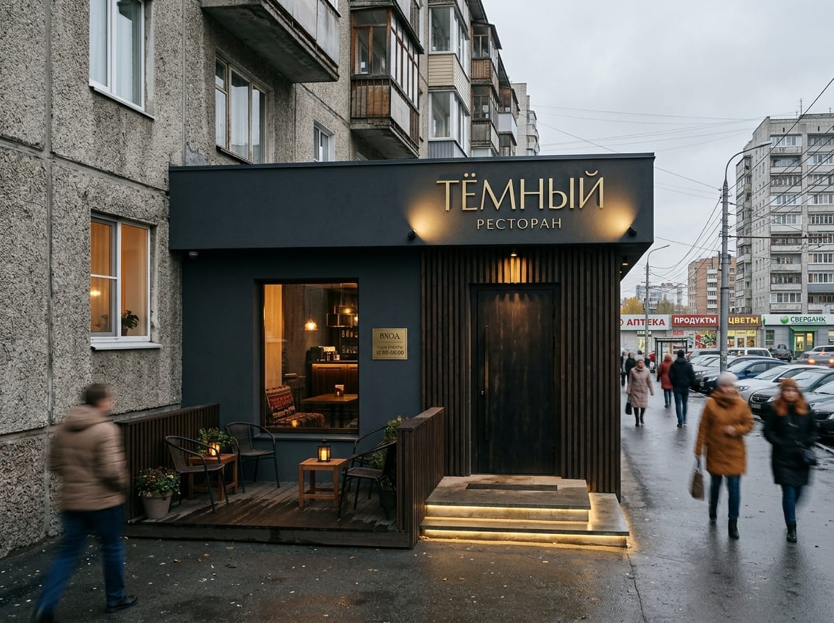 Тёмный фасад ресторана с деревянной рейкой на входе и точечной подсветкой двери